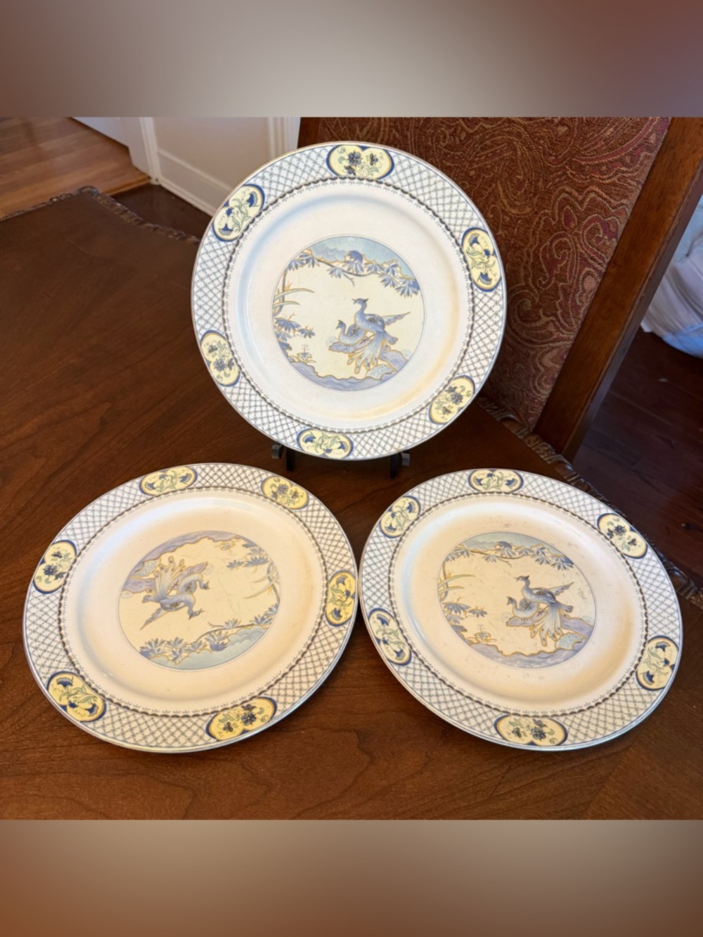 3 Antique 1896 Maddock Royal Vitreous Mark  MAD49 Asian Birds 10” Dinner Plates